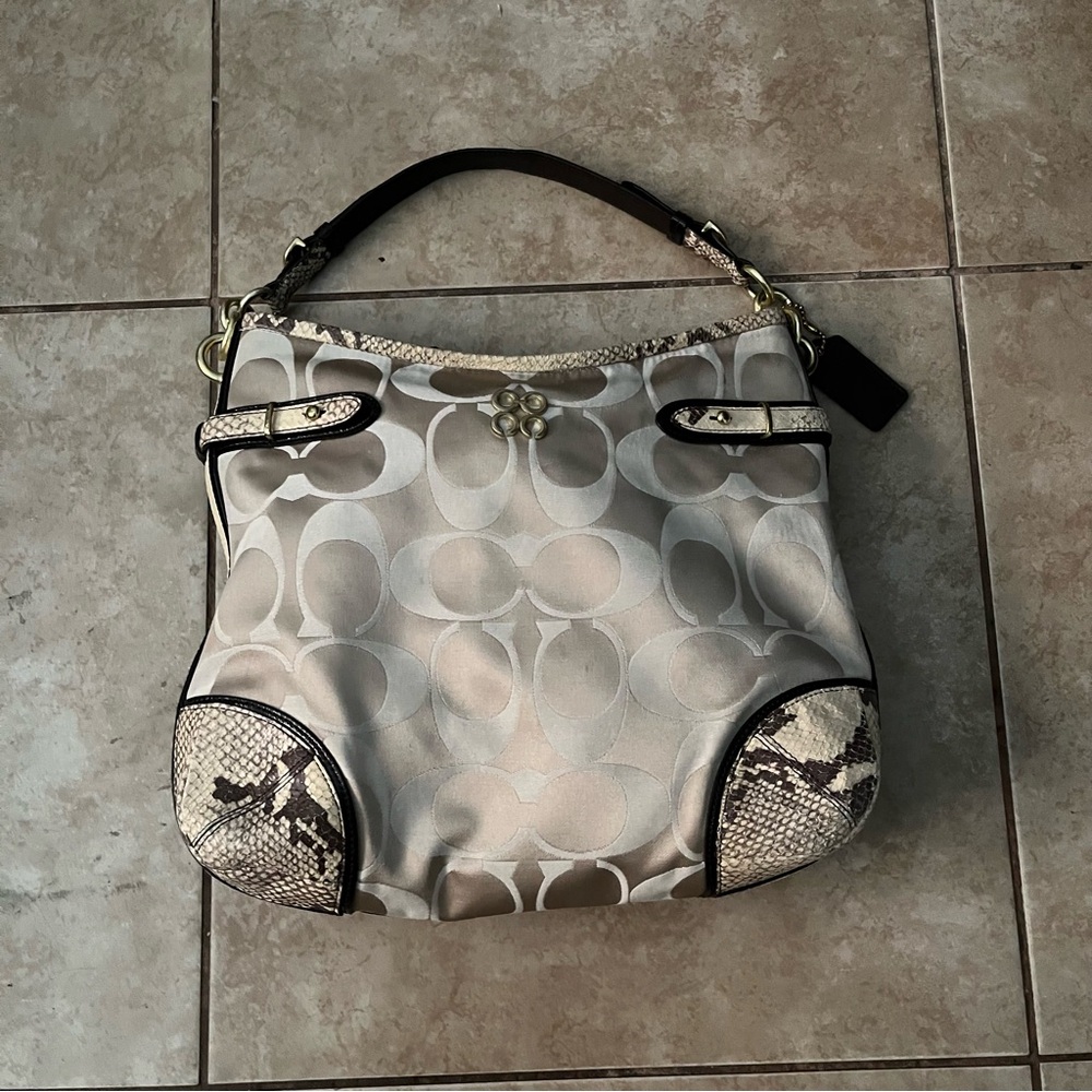 Coach Colette Signature Beige Sateen Snake Leather Hobo Bag
